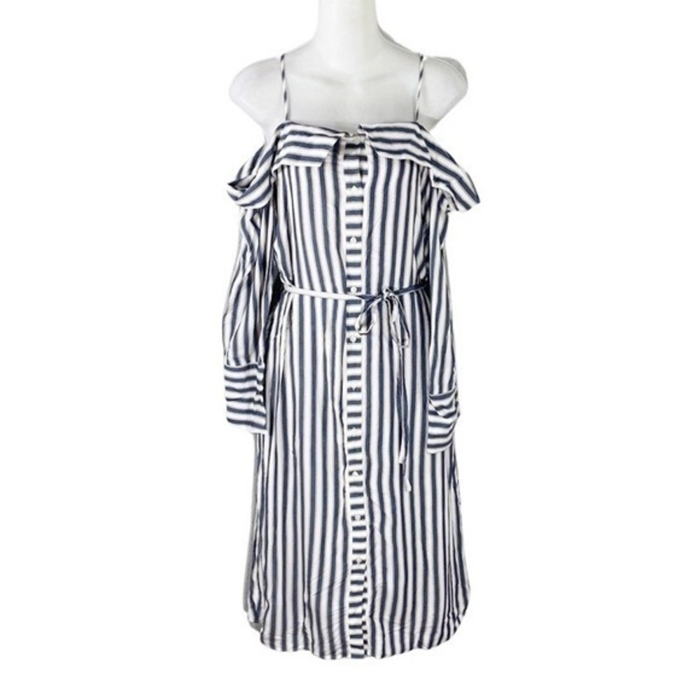 NWT Express white blue stripe off cold shoulder button front shirt dress small S